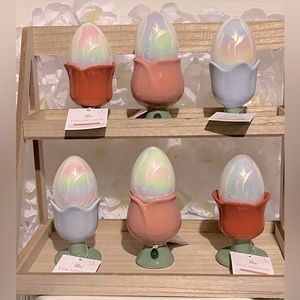 Target bullseye egg holders with white iridescent eggs